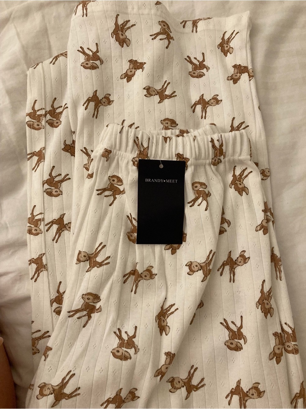 NWT ✨ Brandy Melville White Ribbed Pants with Brown Fawn Print